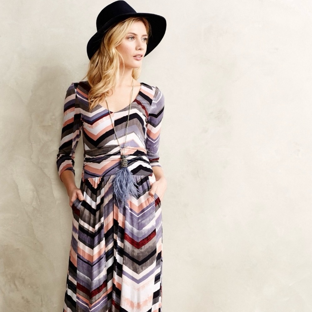 Anthropologie Maeve Boho Chevron Purple Pink Maxi Dress w/ Pockets Small